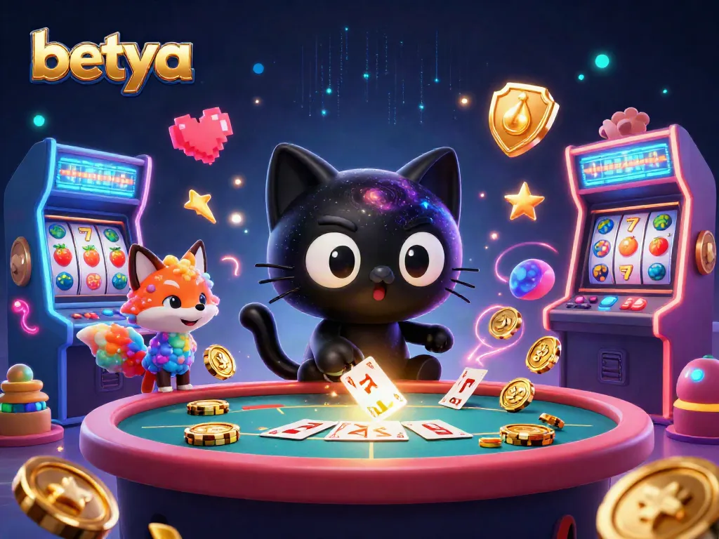 Watch Betya's cosmic casino cat attract golden chips and cards in a vibrant gaming scene.