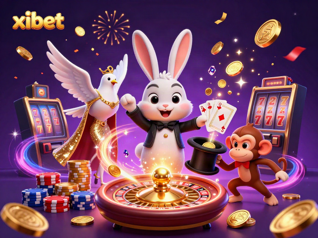 Experience exciting casino gaming with xibet as a magician rabbit pulls golden coins, while a dove and monkey enhance fun.