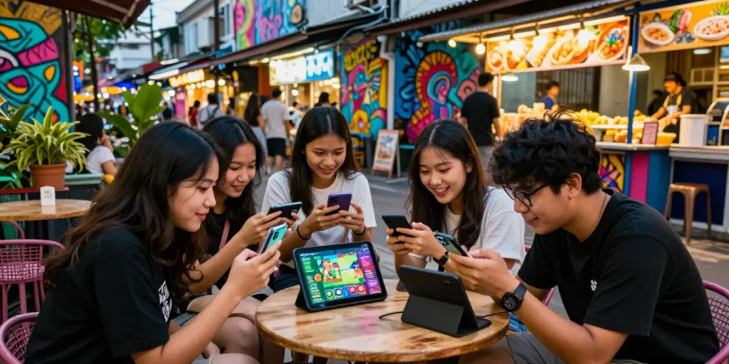 Young friends engaging with the nyonya4d game in a lively urban setting with neon lights and street art.