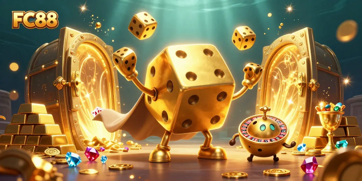 Engaging FC88 casino scene with golden dice characters and vibrant treasures symbolizing winning