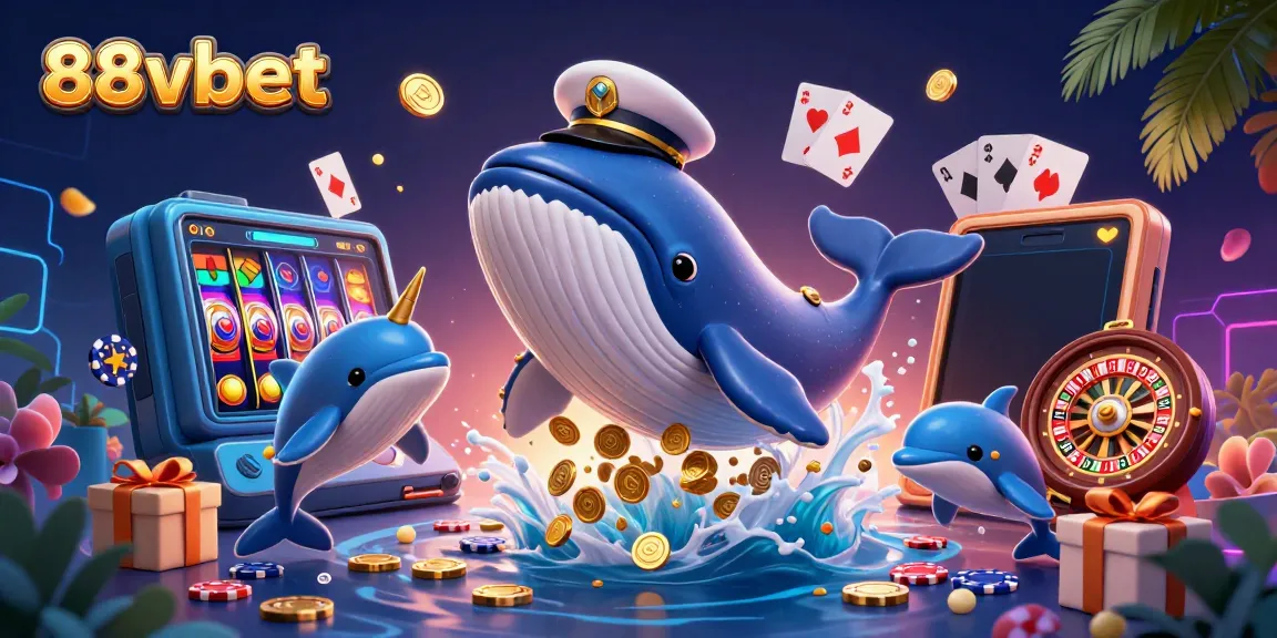 Experience excitement at 88vbet with whales breaching through coins and playful dolphins in a rich casino scene.