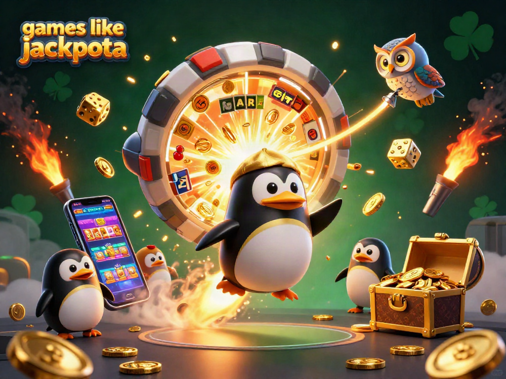 Experience games like jackpota as a golden penguin navigates a vibrant casino space, winning big.