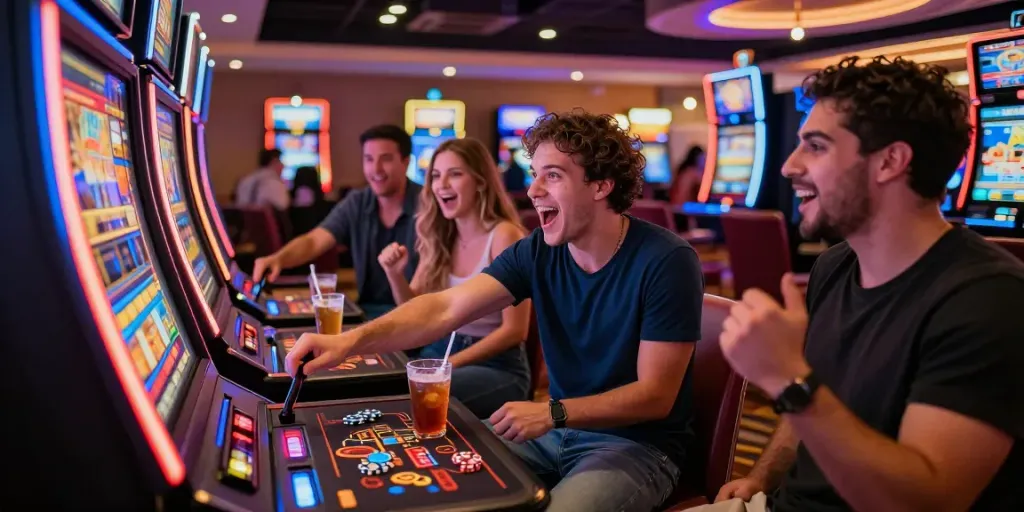 Exciting slot gaming experience at a vibrant casino with friends.