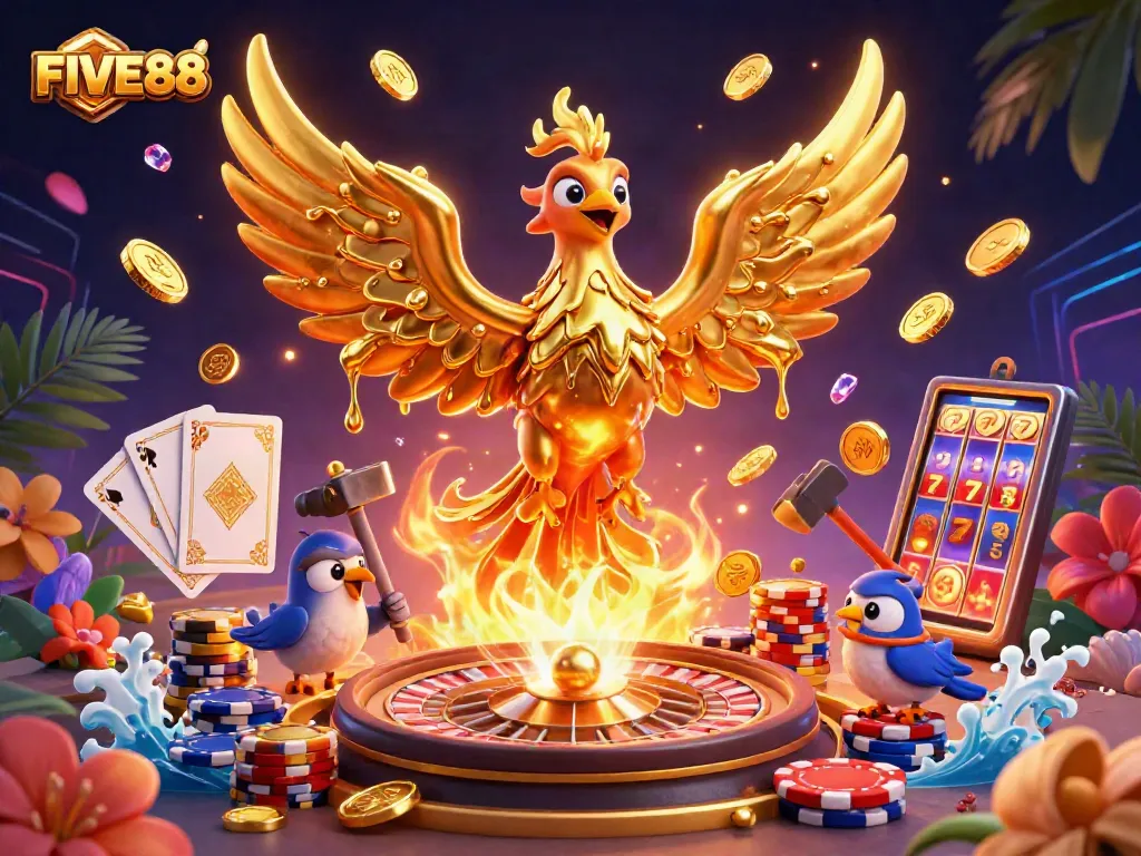 Experience the excitement with FIVE88 as golden phoenixes and casino elements ignite your gaming passion.