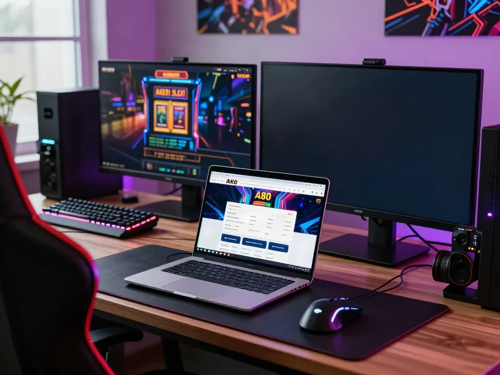 A80 slot information platform displayed on a laptop in a modern gaming setup with LED lights and accessories.