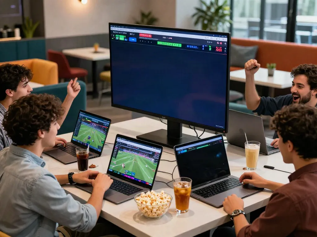 Friends enjoying a WWBOLA sports betting experience in a modern lounge.