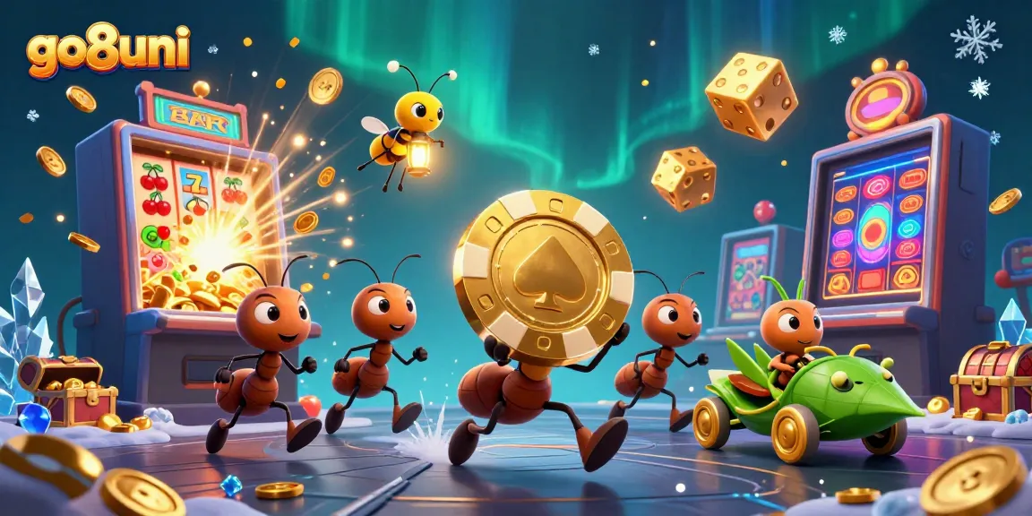 Engaging scene depicting go8uni with animated ants and a grasshopper amidst vibrant casino items.