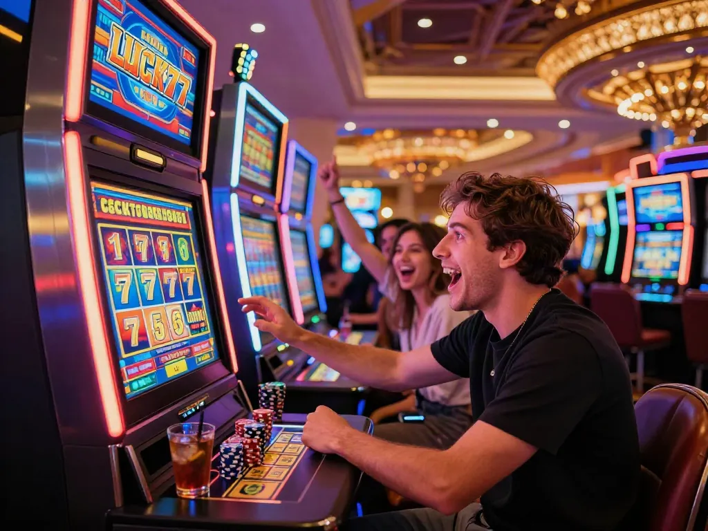 Character celebrating a win at the Lucky777 slot machine in a lively casino.