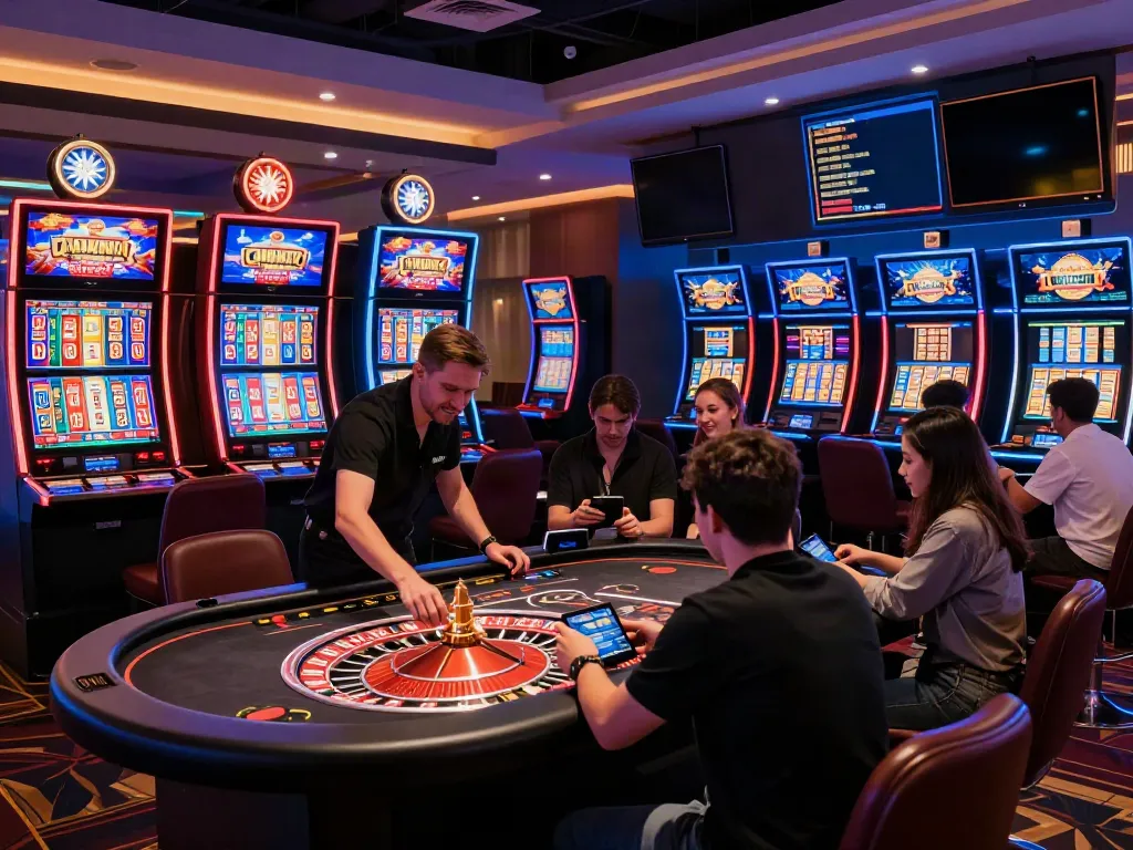 Engaged players enjoying an akunjp online casino gaming experience amidst vibrant slot machines and engaging atmosphere.