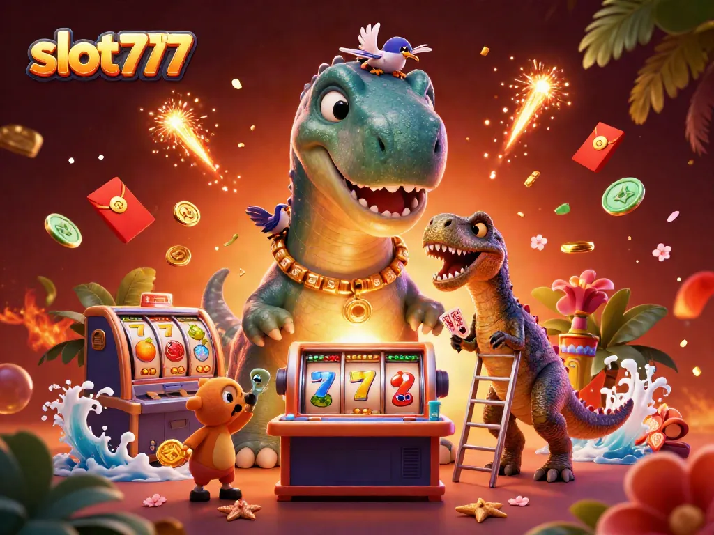 Slot777 memberikan pengalaman menarik dengan dinosaur dan mesin slot dalam ilustrasi artistik.