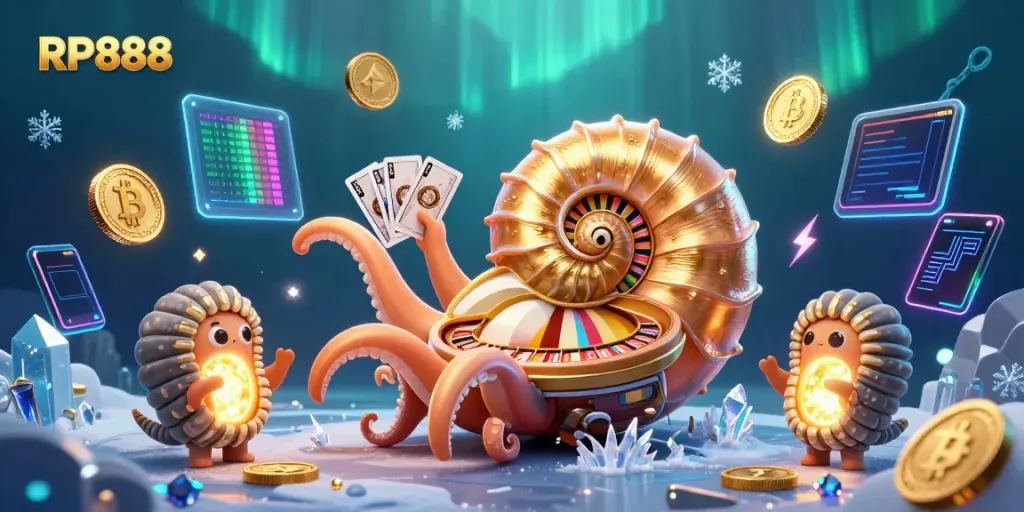 Engage with RP888's vibrant casino world through a dynamic, colorful 3D illustration of a nautilus-themed roulette.