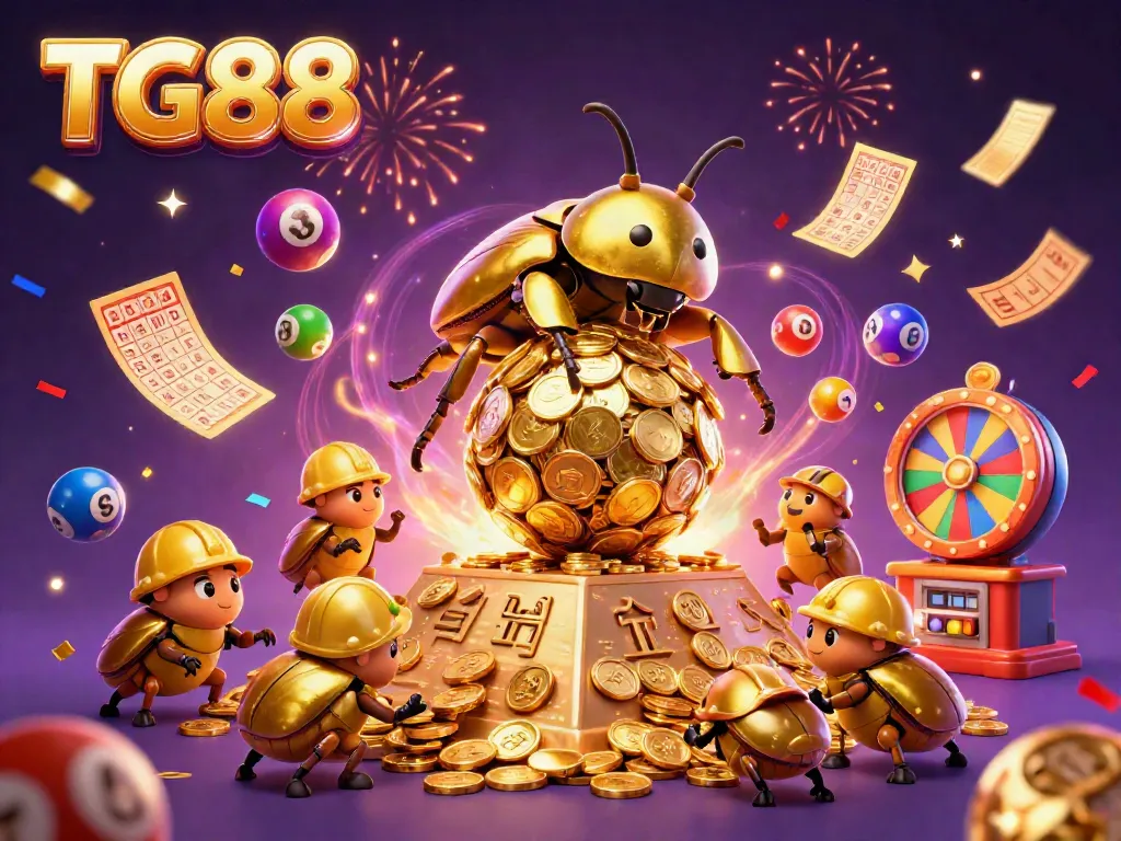 Experience excitement with TG88's colorful casino-themed illustration of golden dung beetles and lively game elements.