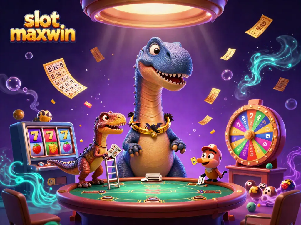 Exciting slot maxwin action shown as a dinosaur deals cards at a buzzing casino scene.