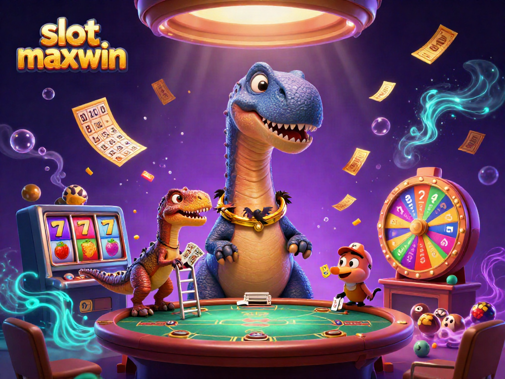 Exciting slot maxwin action shown as a dinosaur deals cards at a buzzing casino scene.