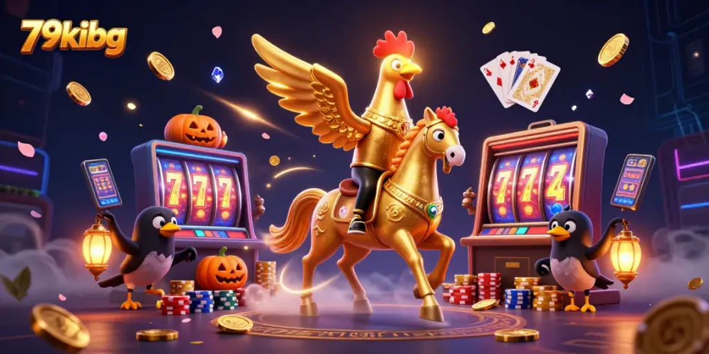 Experience thrilling wins with 79kibg’s golden rooster riding through a vibrant casino.