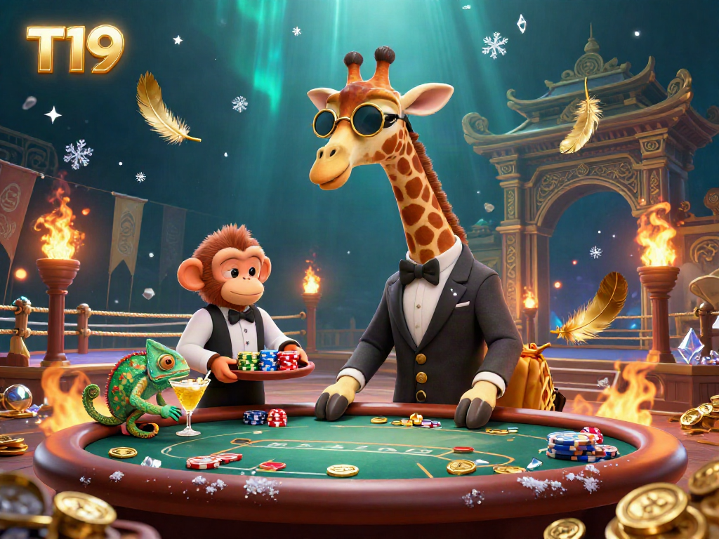 T19 high-roller giraffe enjoying a luxurious poker game with vibrant casino elements in a dynamic setting.