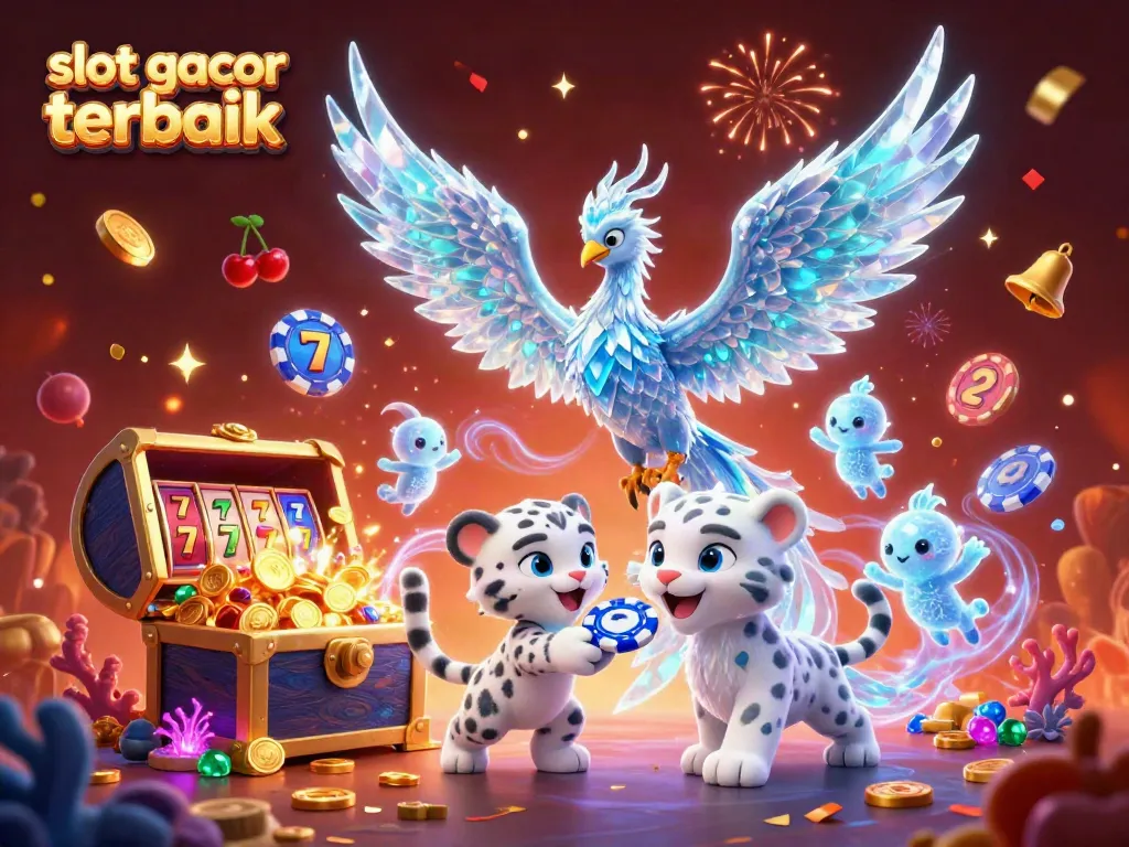 Slot gacor terbaik di ilustrasi kasinoberdimensi, memperlihatkan phoenix es dan chip poker.