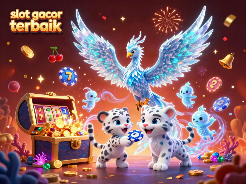 Slot gacor terbaik di ilustrasi kasinoberdimensi, memperlihatkan phoenix es dan chip poker.