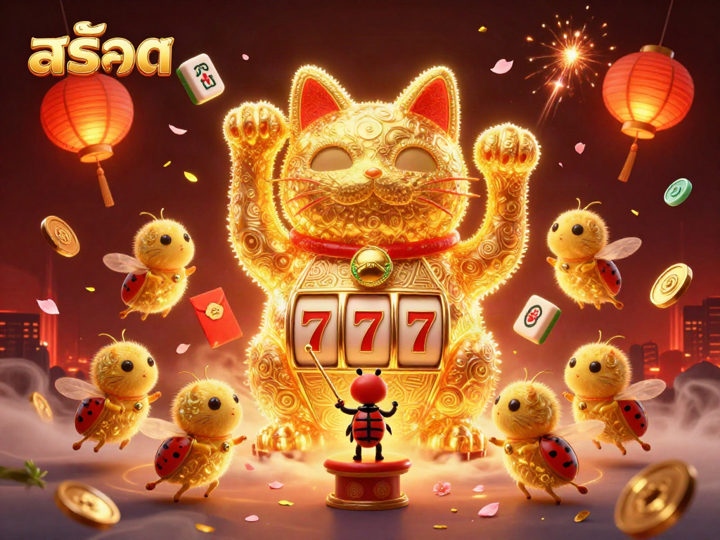 Play exciting สล็อต games with a dynamic scene featuring a lucky cat and vibrant casino elements.