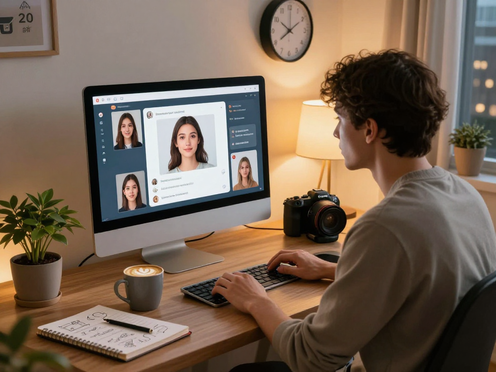 User interacting with a porn ai chat interface in a cozy home office.