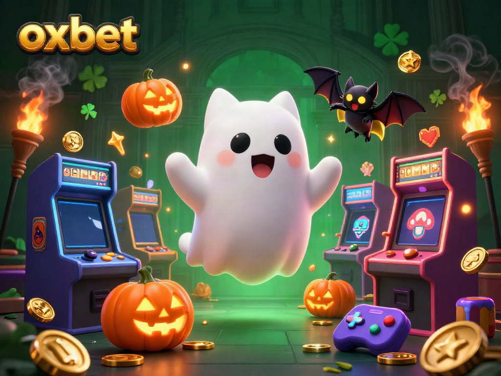 Play exciting games at OXBET, featuring a friendly ghost cat and glowing arcade machines in a haunted casino.
