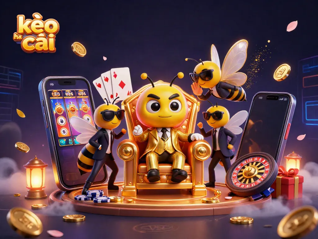 Experience kèo nhà cái with a vibrant 3D illustration of a bumblebee mob boss surrounded by colorful casino elements.