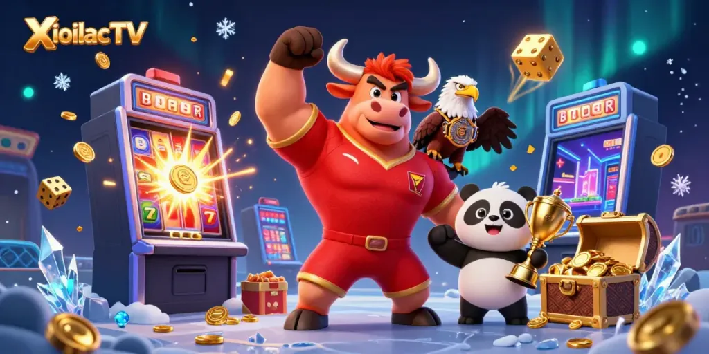 XoilacTV promotes excitement with a victorious bull, eagle champion, and panda trophy amidst dynamic casino elements.
