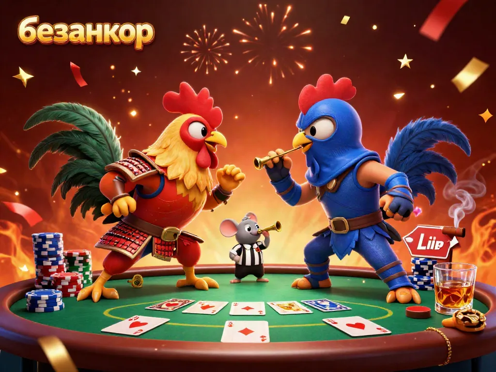 Engaging illustration of безанкор-themed 3D fighting roosters at a poker table amid vibrant casino elements.