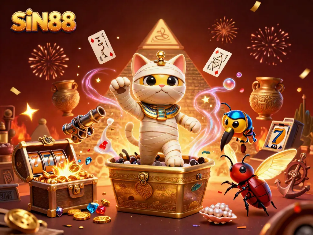 SIN88 illuminates the lively casino scene with an Egyptian mummy bursting out of a treasure sarcophagus.