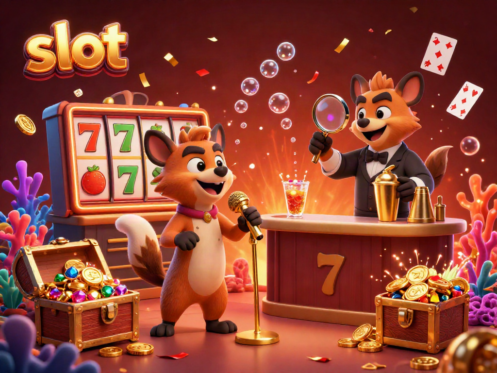 Hyenas performing comedy while showcasing slot elements in a vibrant casino scene.