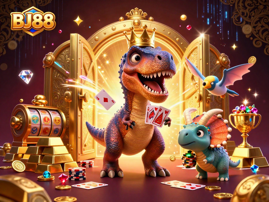 BJ88 showcases a vibrant 3D scene with cartoon dinosaurs in a casino, shuffling cards and stacking chips.
