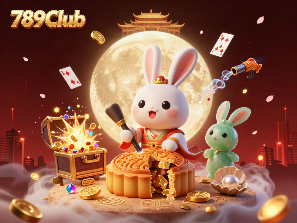 Experience thrilling entertainment with 789Club's vibrant 3D illustration featuring a moon rabbit, poker chips, and animated gaming elements.