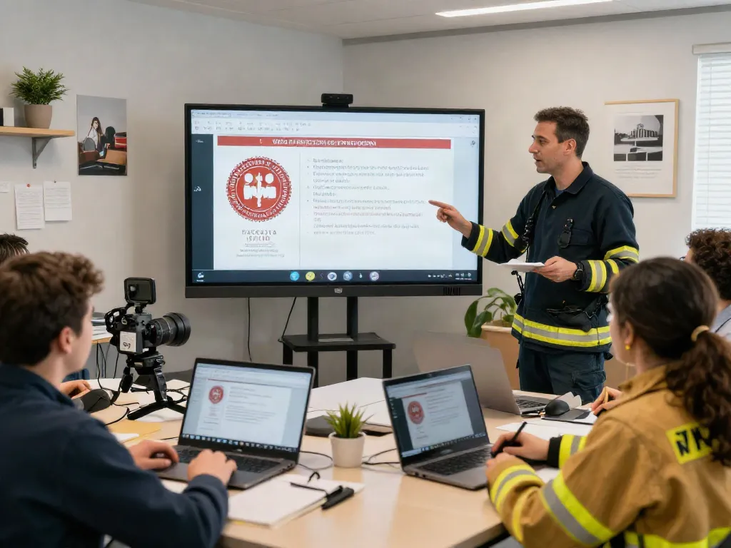 CFPS Certification Saudi Arabia training scene with virtual classroom setup, professionals engaging in NFPA fire safety learning.