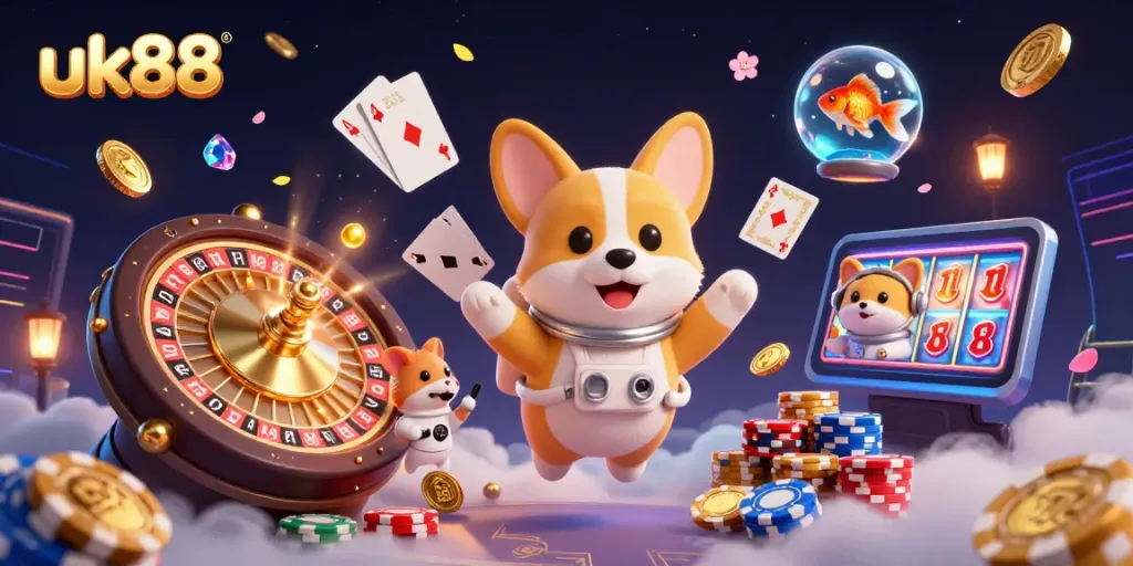 Engage in thrilling games at uk88 with a unique scene of characters in a vibrant 3D casino.