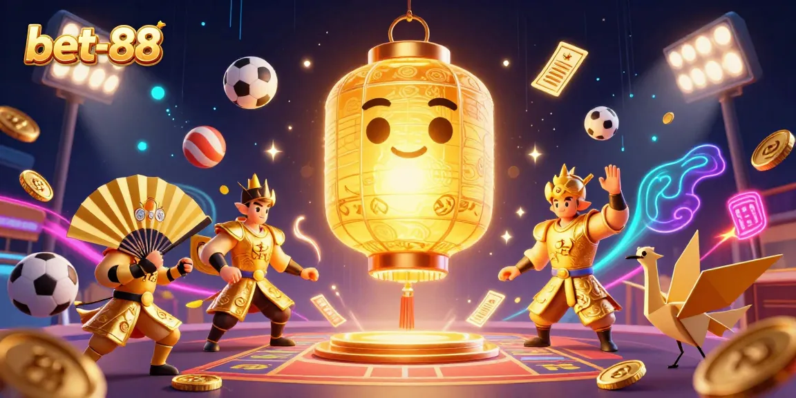 Engage with the exciting world of bet-88 as a golden lantern spirit illuminates a dynamic casino scene filled with winning elements.