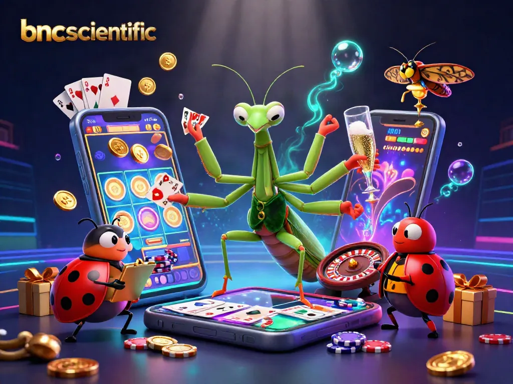 Experience thrilling gameplay with bncscientific as a giant mantis deals cards and shuffles chips in a vibrant casino scene.