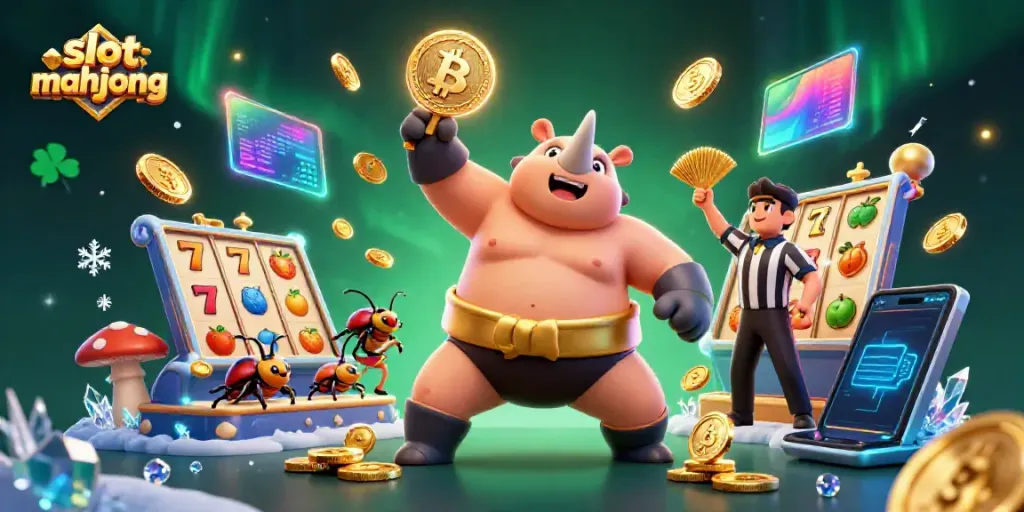 Slot mahjong menampilkan kejuaraan keong badak dengan chip emas dan elemen permainan terpakai di latar belakang.