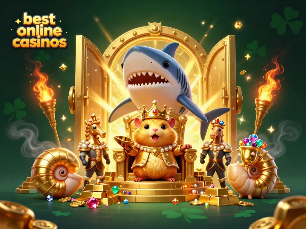 Experience the best online casinos with a fierce golden hamster king on his treasure throne surrounded by treasures.