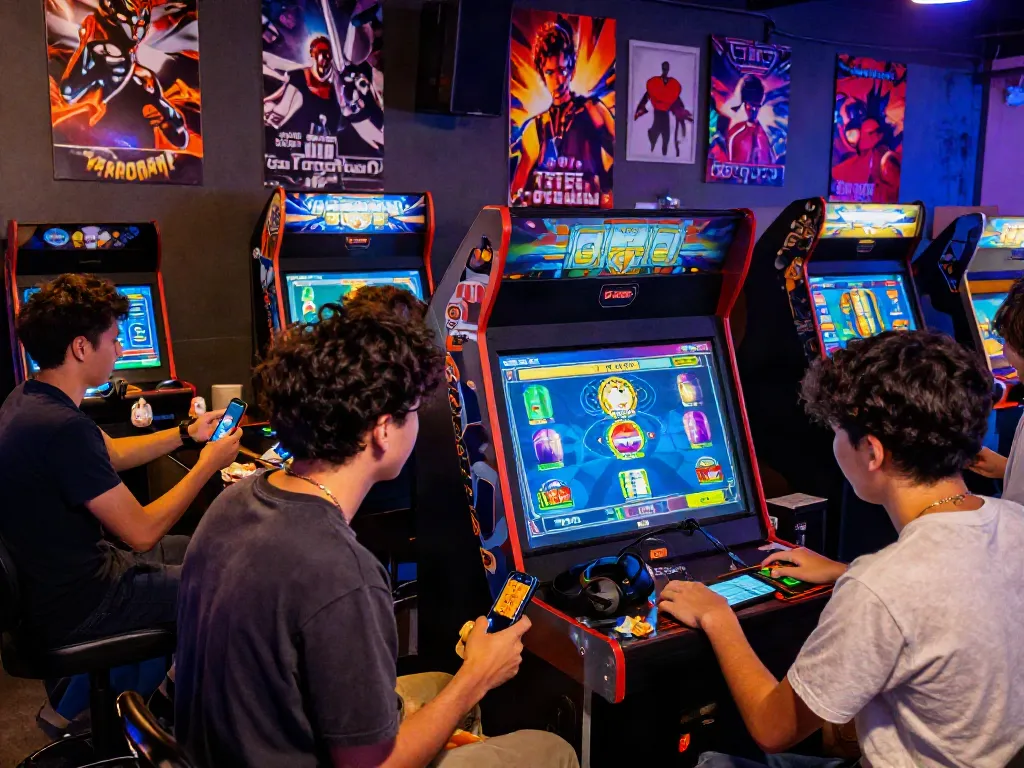 Friends enjoying gameplay on Yono Arcade app in a lively gaming lounge.