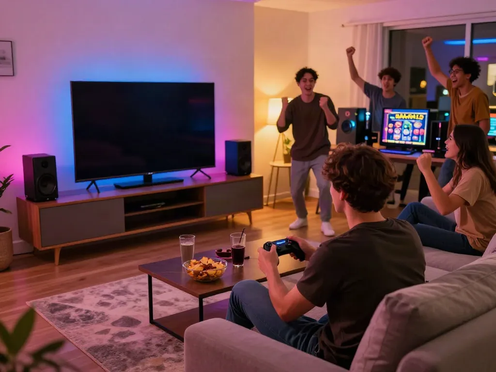 Gamer enjoying batman138 slot game in a lively living room setting.