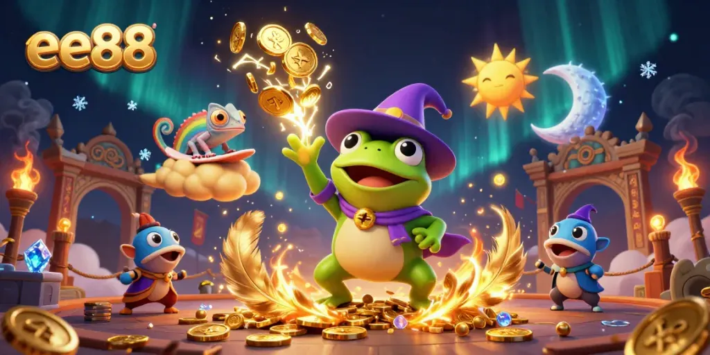 Engage with ee88's thrilling gaming atmosphere featuring vibrant characters and golden coins.
