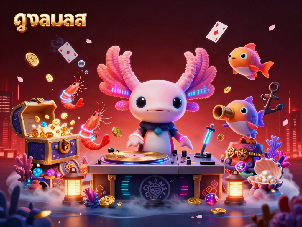 Experience breathtaking ดูบอลสด action with an axolotl DJ amidst vibrant underwater treasure in high-resolution.