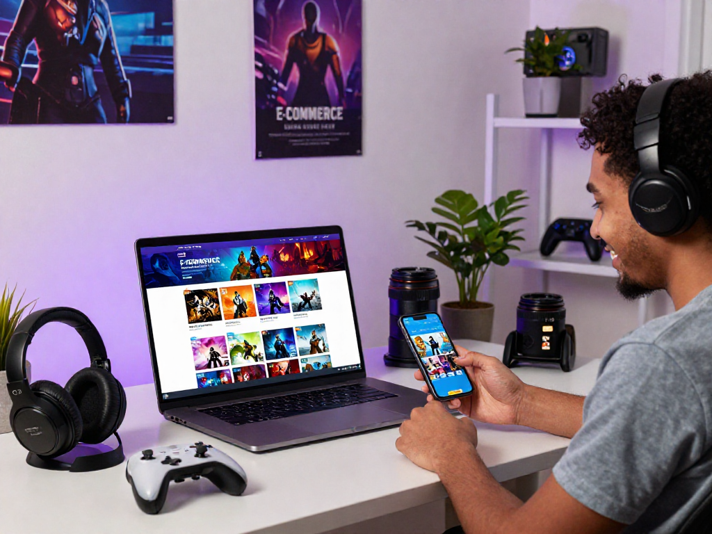 Pengguna SLOT7000 menjelajahi berbagai game digital yang menarik di laptop dengan aksesoris gaming di meja.