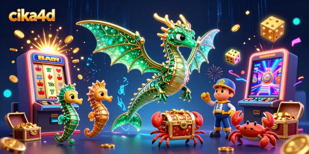 Cika4d showcases an exciting casino scene with a sea dragon, slot machine jackpots, and treasure chests