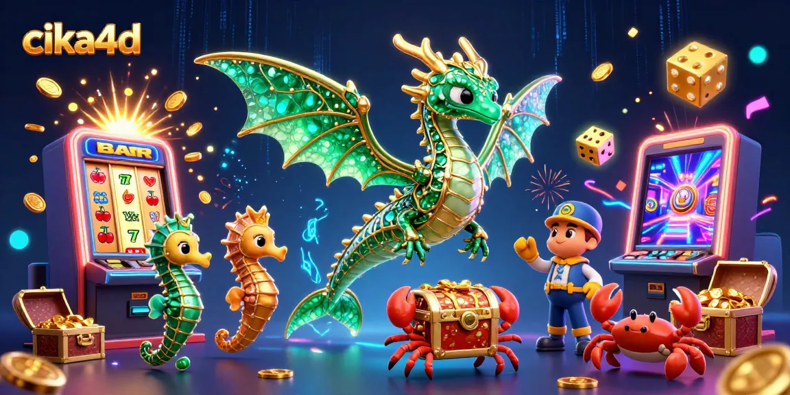 Cika4d showcases an exciting casino scene with a sea dragon, slot machine jackpots, and treasure chests