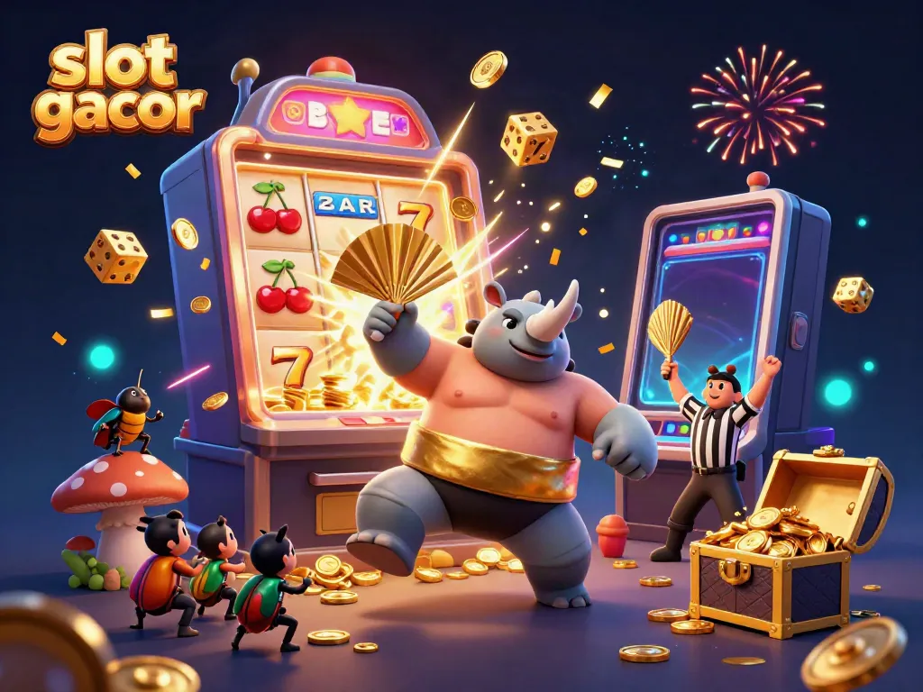 Visualisasi kreatif slot gacor dengan karakter unik dan mesin slot yang mengeluarkan koin emas.
