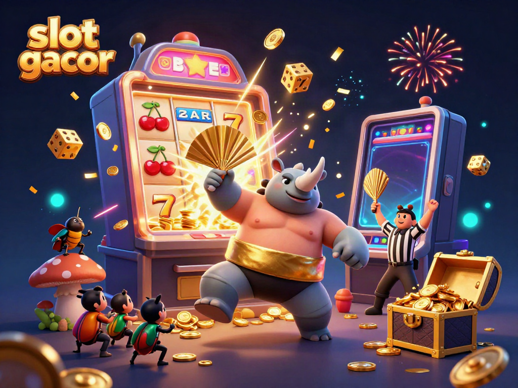 Visualisasi kreatif slot gacor dengan karakter unik dan mesin slot yang mengeluarkan koin emas.