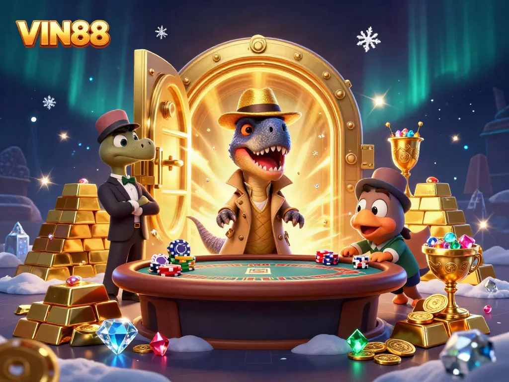 VIN88 players engage in thrilling blackjack action under the watchful eye of a dinosaur pit boss.