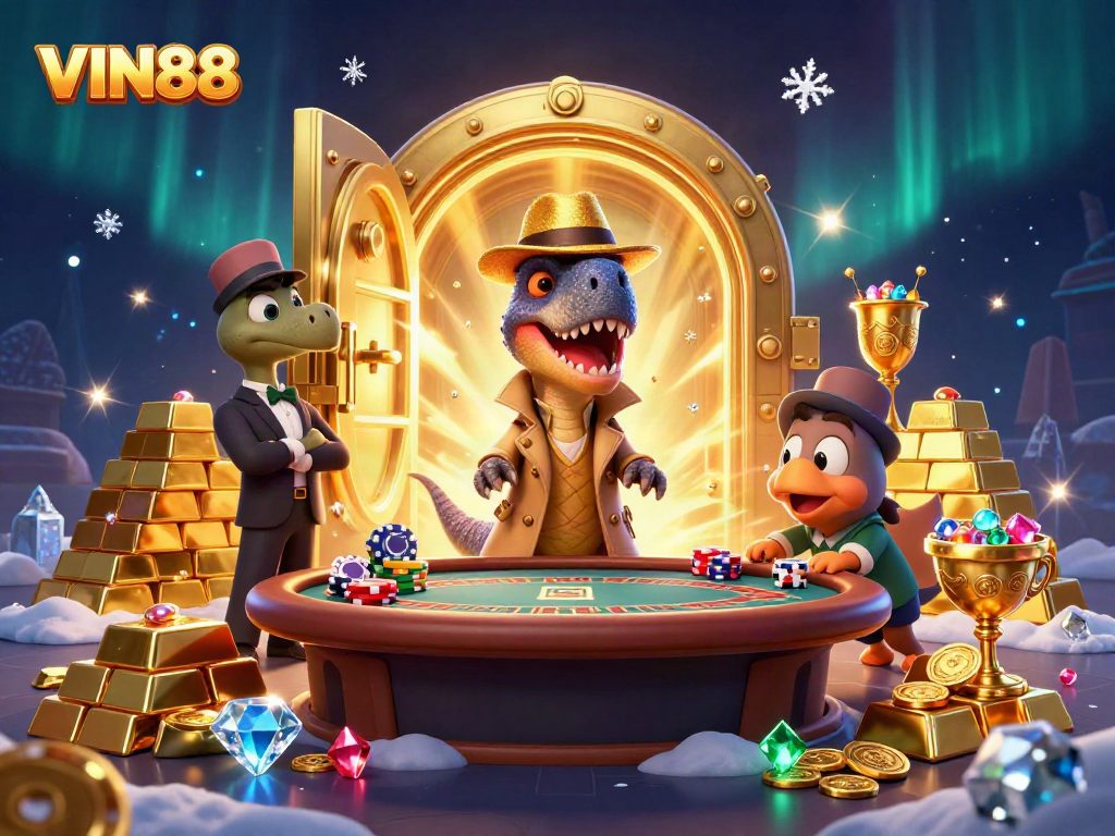 VIN88 players engage in thrilling blackjack action under the watchful eye of a dinosaur pit boss.