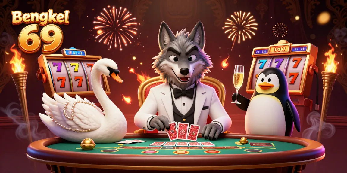 Bengkel 69 showcases a glamorous casino scene with a debonair wolf, swan, and penguin amidst slot reels and dynamic elements.